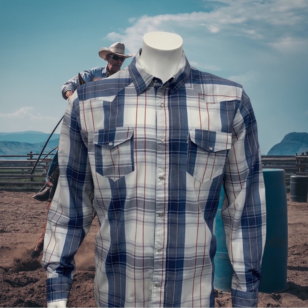 Levi's Red White Blue Plaid Modern Fit Pearl Snap Long Sleeve Western Shirt LG